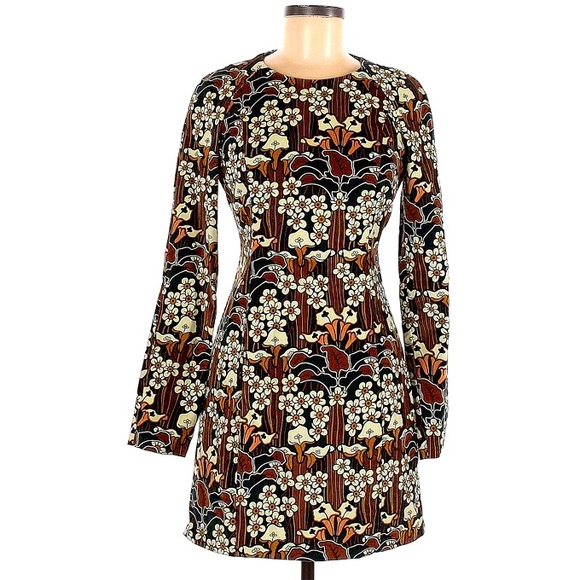 Zara Dresses & Skirts - Zara Mini dress corduroy retro floral long sleeve brown green yellow bohemian